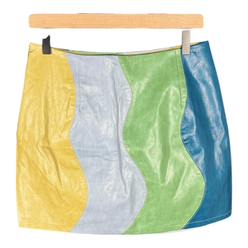 Le Lis Faux Leather Mini Skirt Women's Med Colorful Wave Blue Yellow Green - Picture 9 of 9